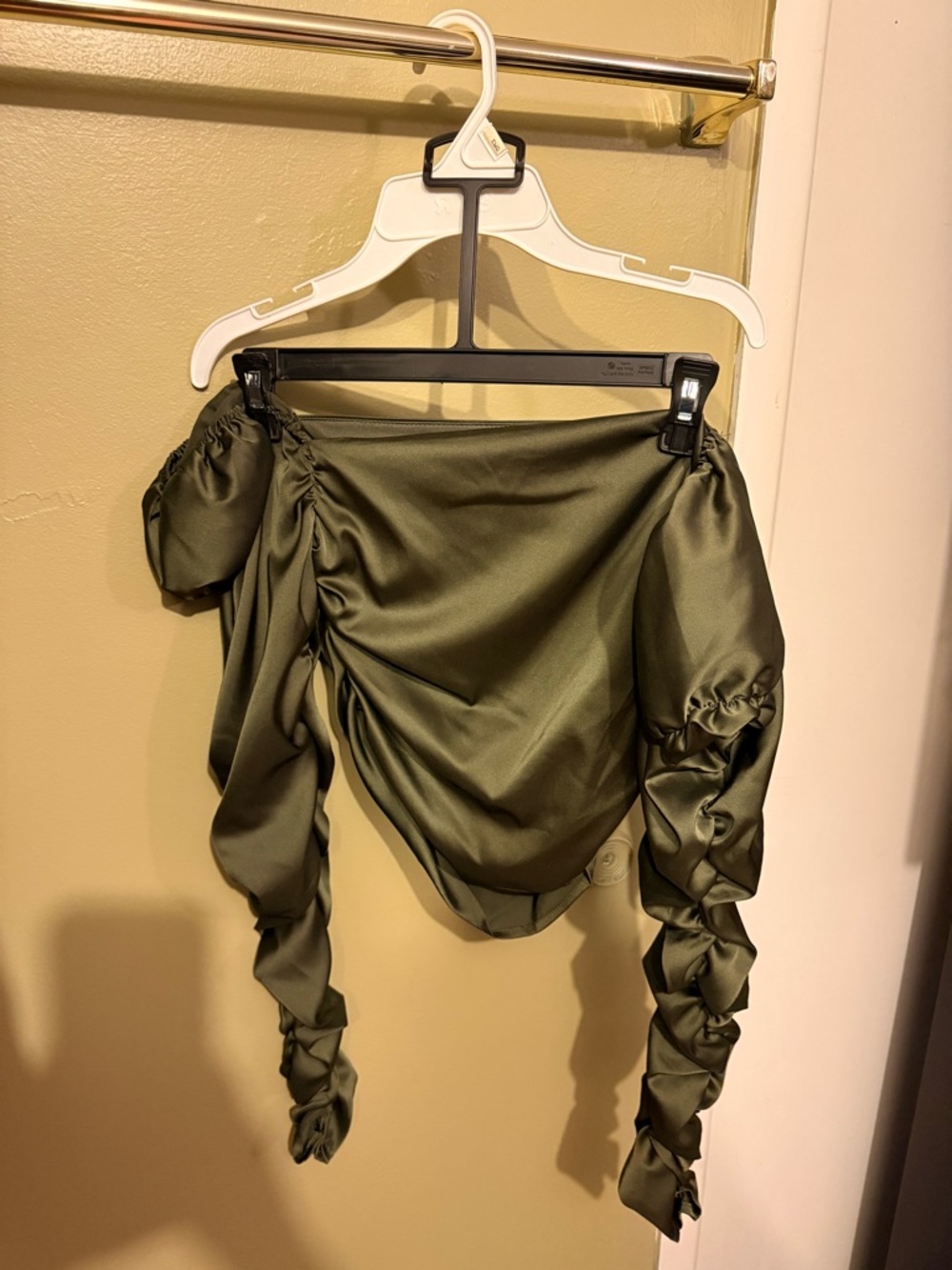 Fashion Nova Olive Satin Off-Shoulder Top
